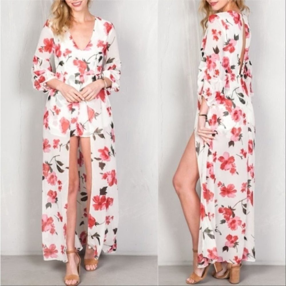 LOVELY FLORAL ROMPER WITH MAXI SKIRT